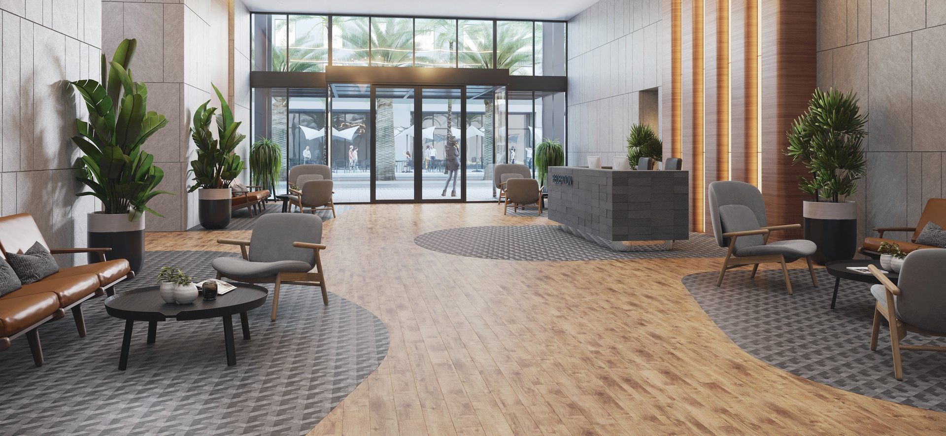 Premium flooring installation in a modern hotel lobby